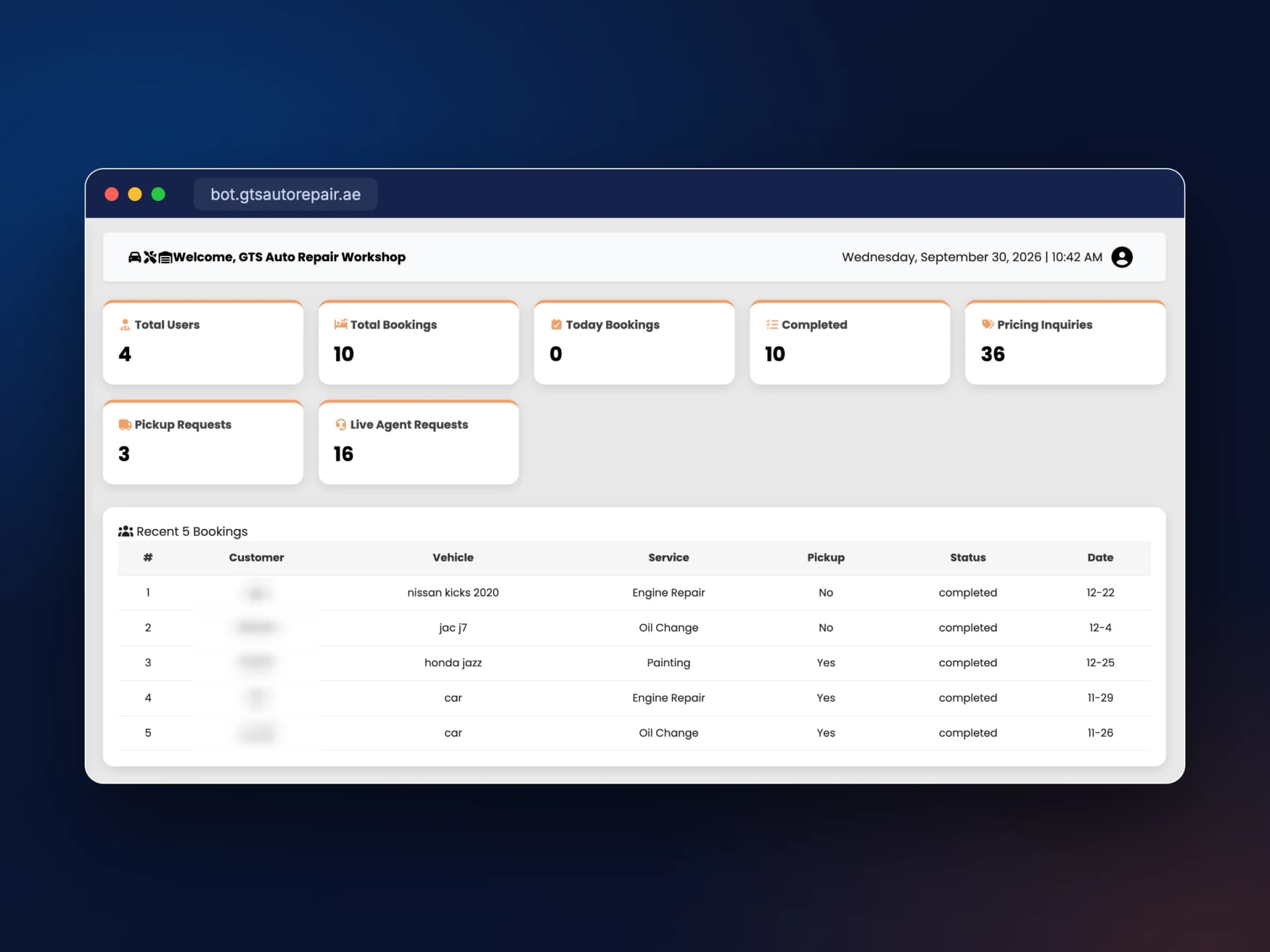 GTS Auto Repair — a WhatsApp booking bot and workshop dashboard