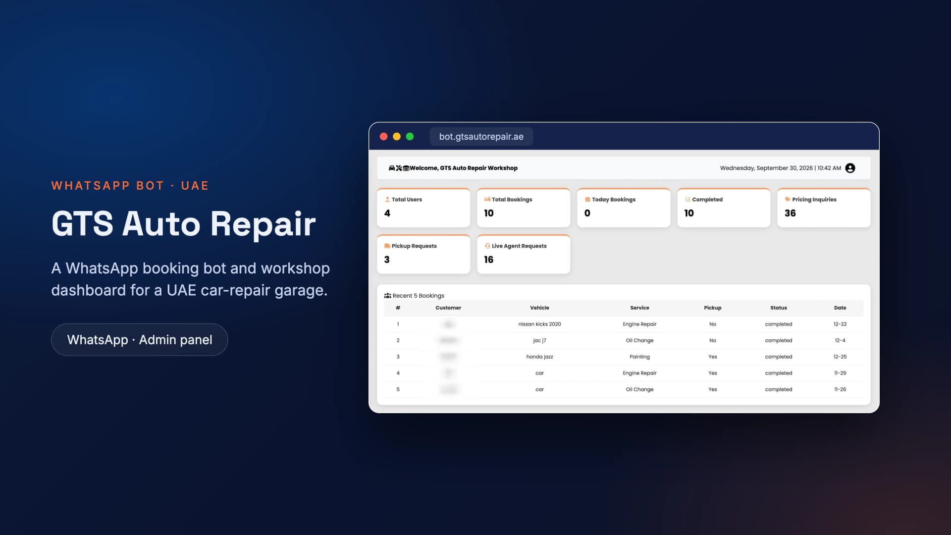 GTS Auto Repair — a WhatsApp booking bot and workshop dashboard