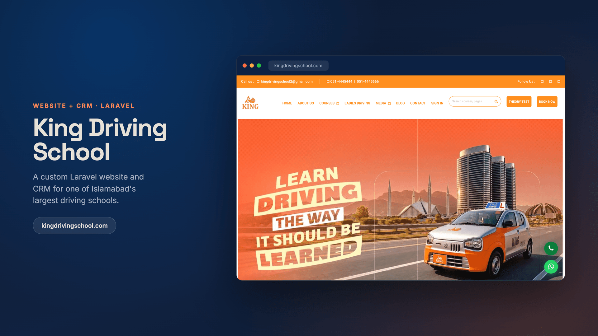 King Driving School — a custom Laravel website & CRM
