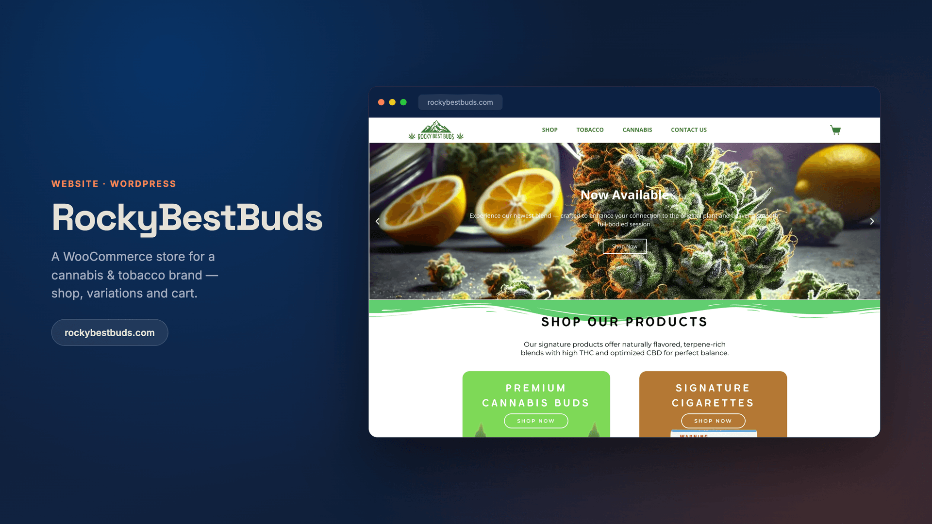 RockyBestBuds — a WooCommerce store for a cannabis & tobacco brand