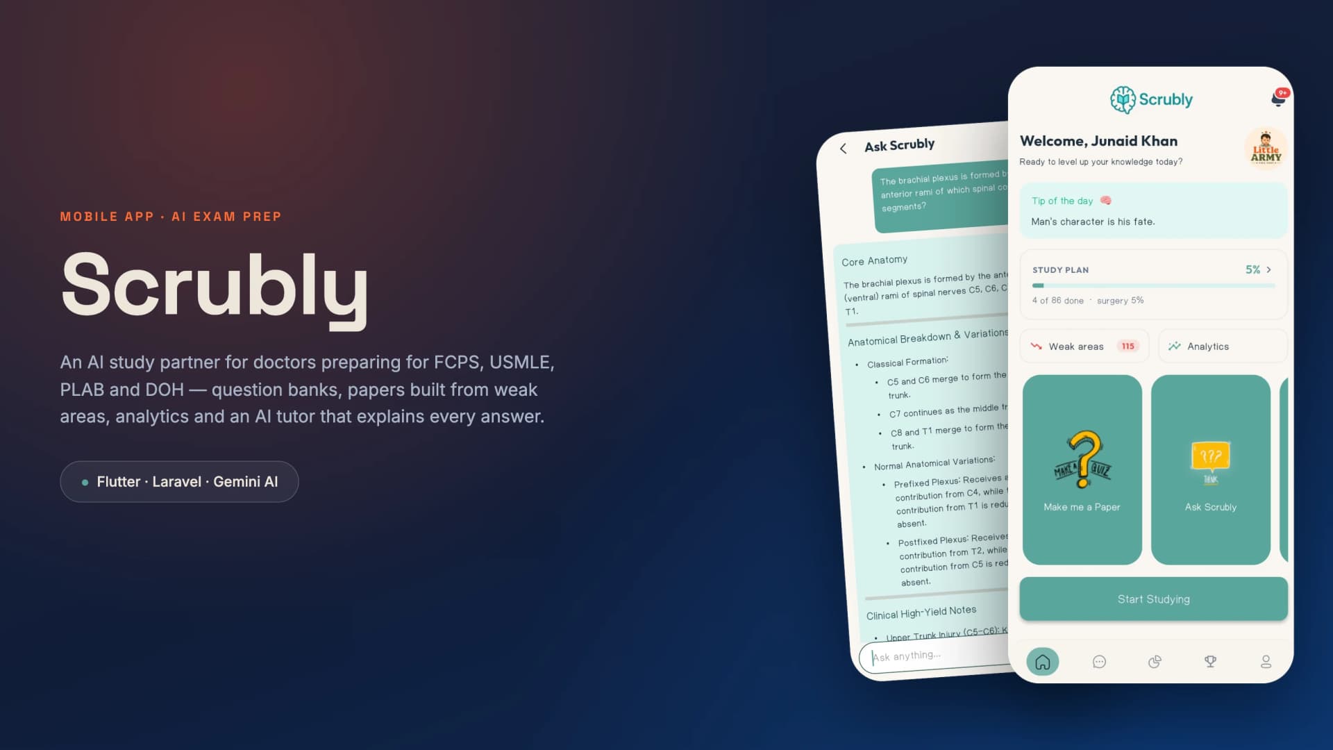 Scrubly — an AI exam-prep app for doctors on iOS & Android
