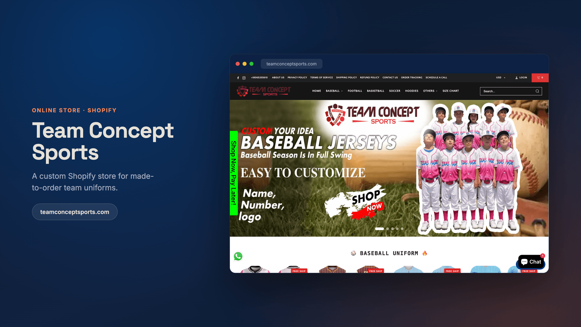 Team Concept Sports — a custom Shopify store for team uniforms