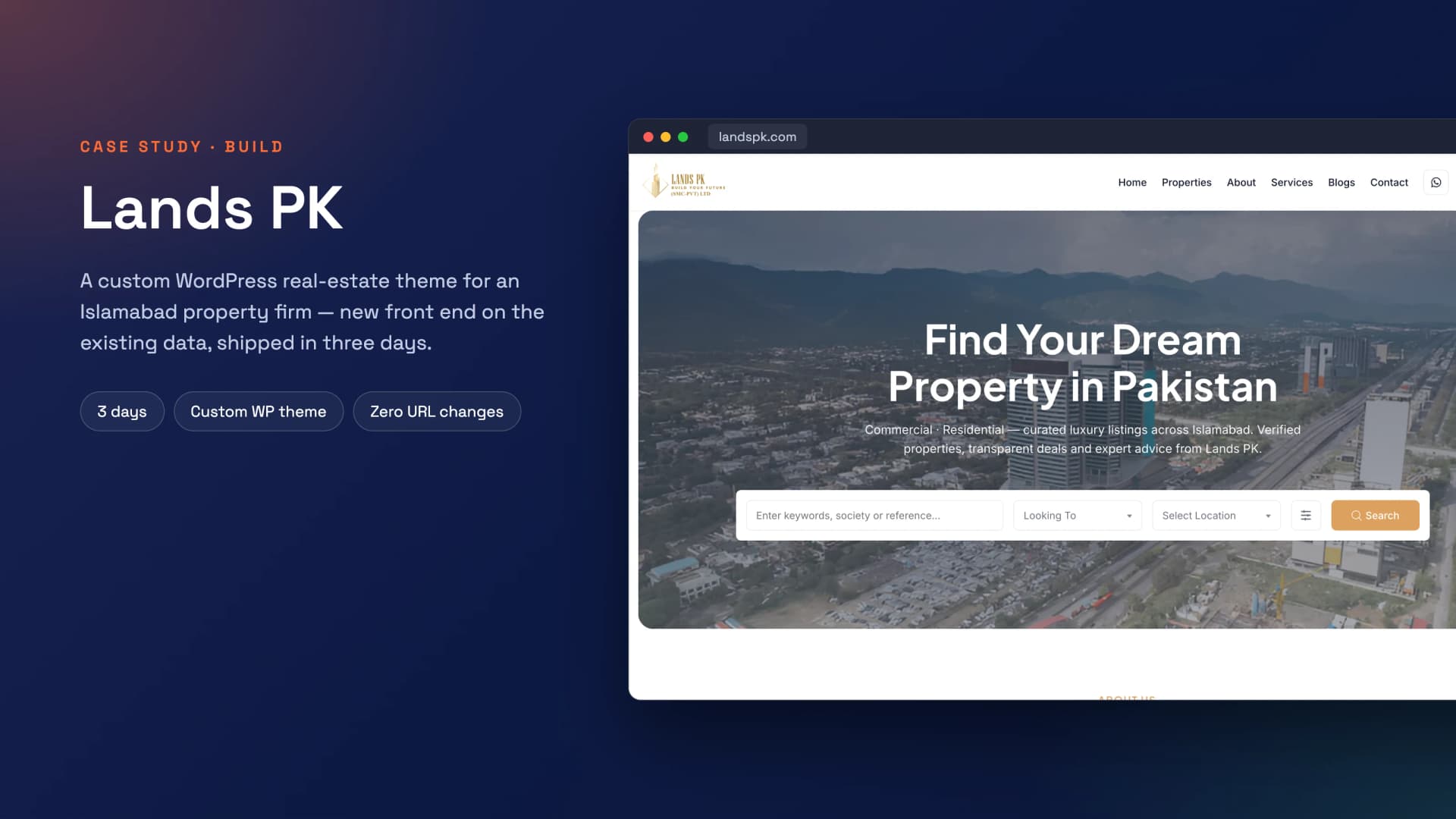 Lands PK — a custom WordPress theme for an Islamabad real-estate firm