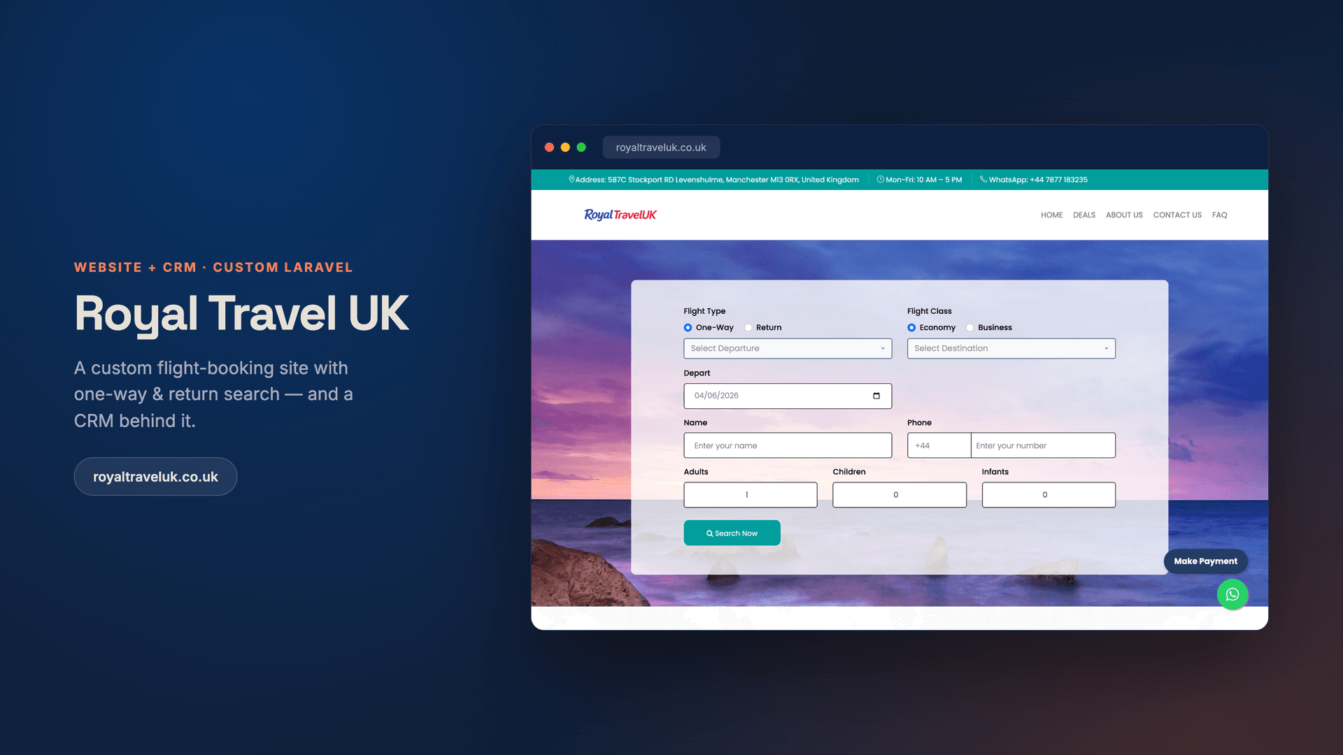 Royal Travel UK — a custom Laravel flight-booking site & CRM