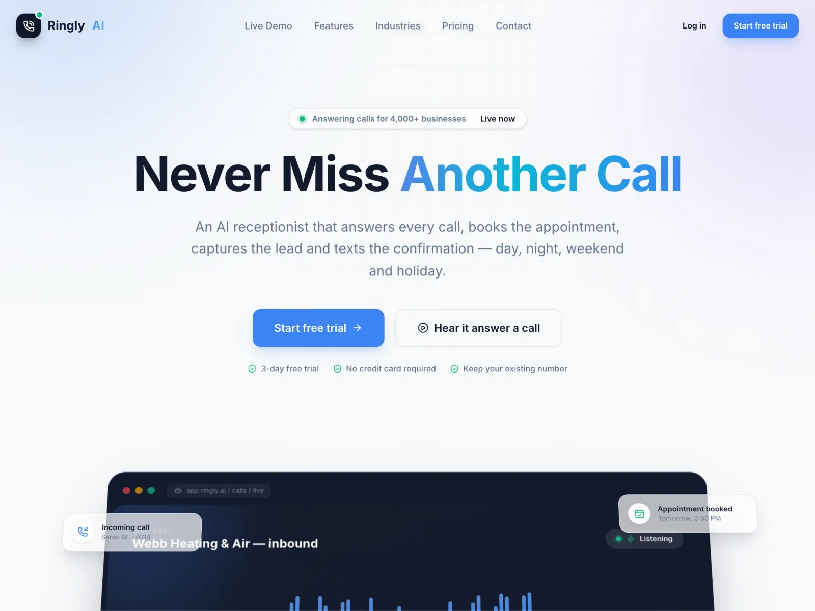 RinglyAI — Every call answered. Every lead kept.