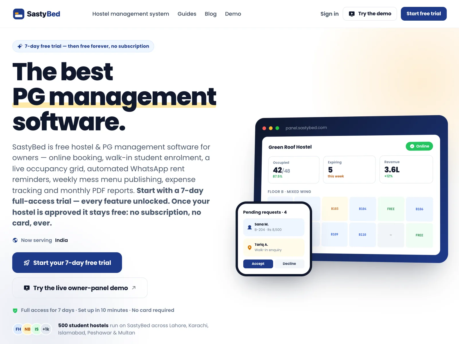 SastyBed — Hostel management software that stays free for owners.